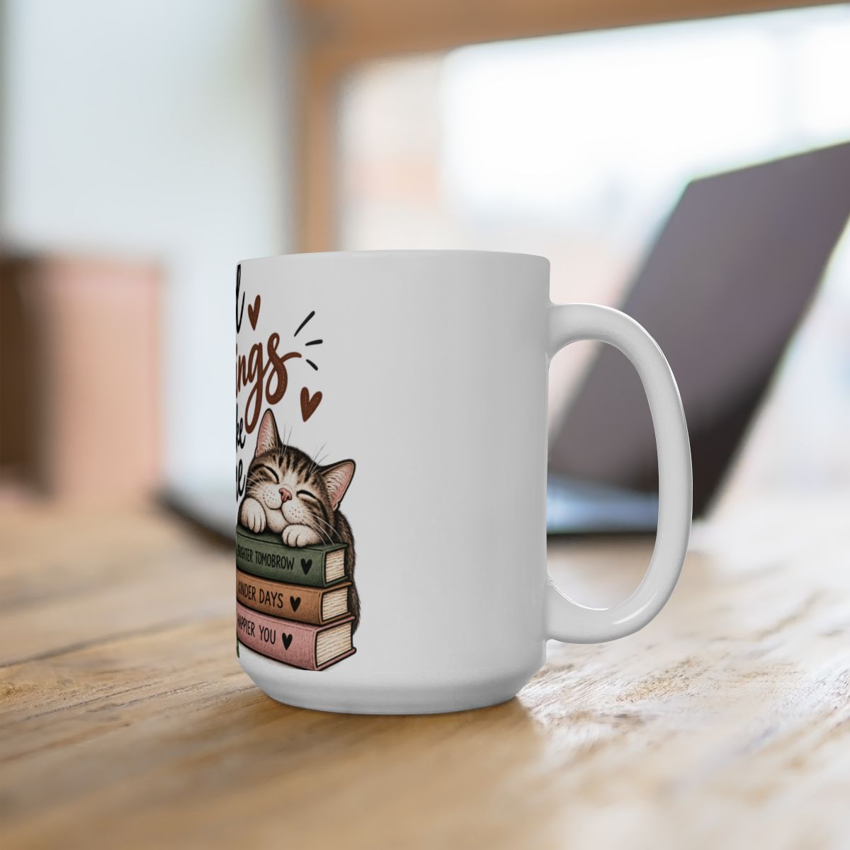 Good Things Take Time ceramic mug | cat, coffee, stack of books, motivational