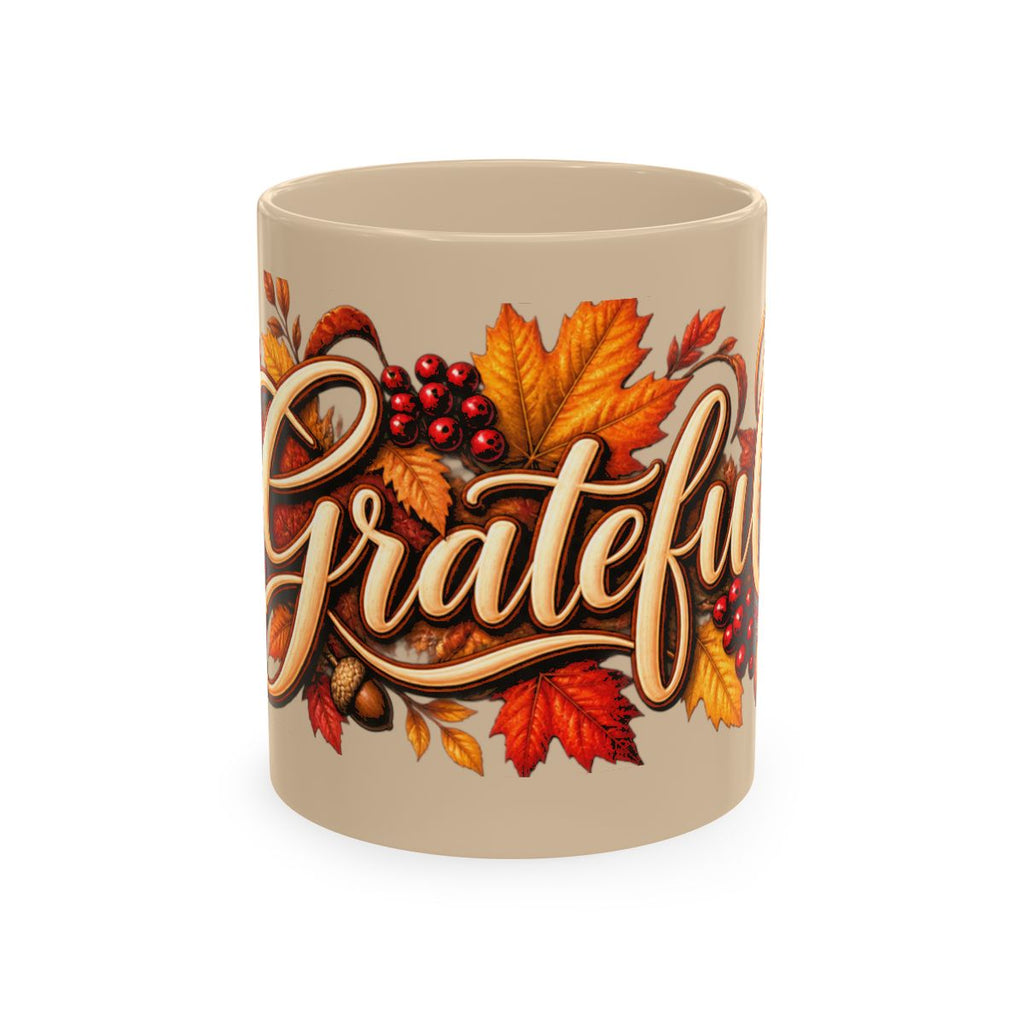 Grateful Fall Leaves Script Mug | Autumn Acorns & Berries Ceramic