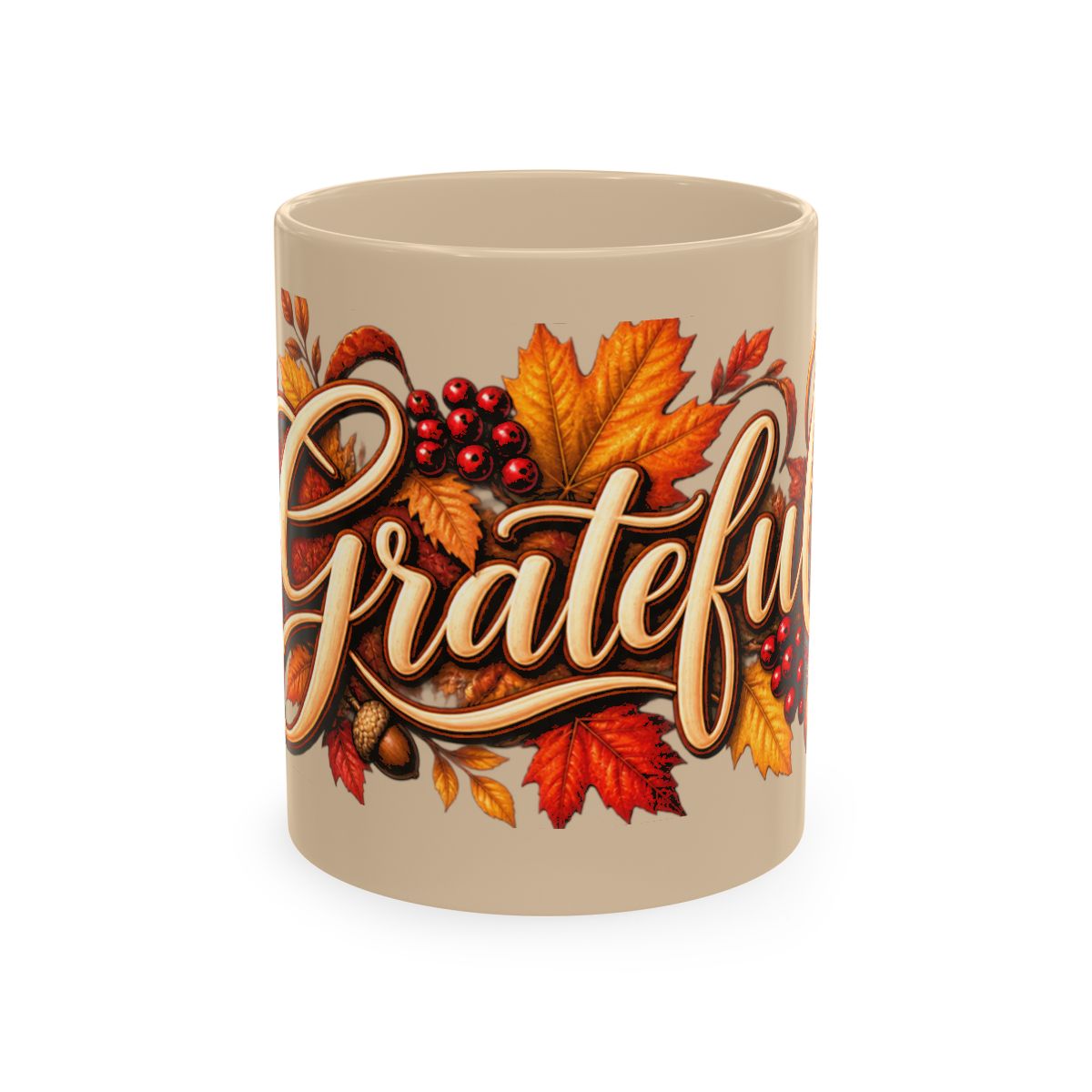 Grateful Fall Leaves Script Mug | Autumn Acorns & Berries Ceramic
