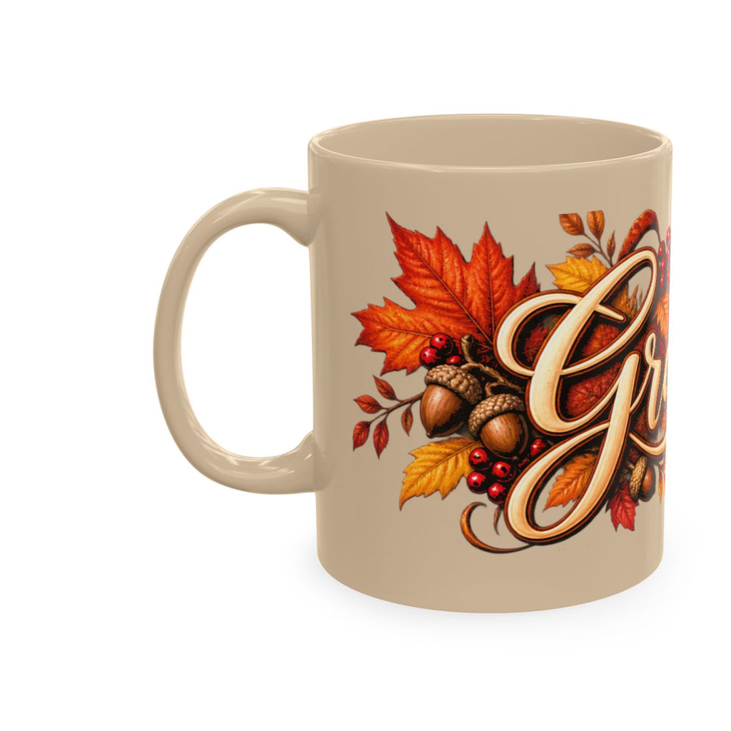 Grateful Fall Leaves Script Mug | Autumn Acorns & Berries Ceramic
