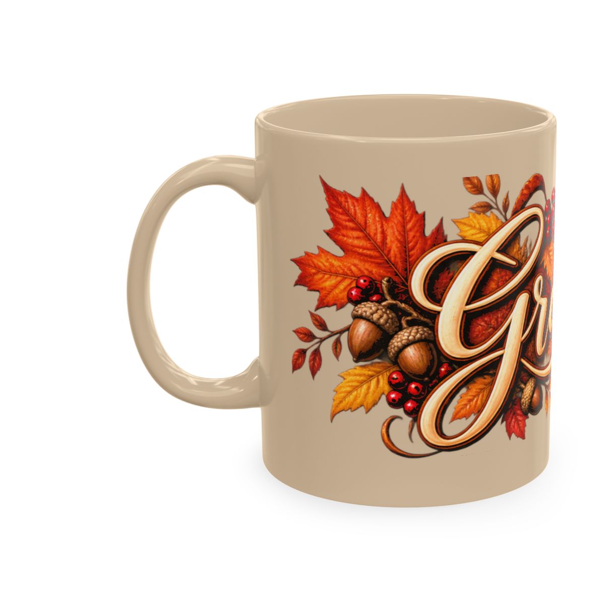 Grateful Fall Leaves Script Mug | Autumn Acorns & Berries Ceramic