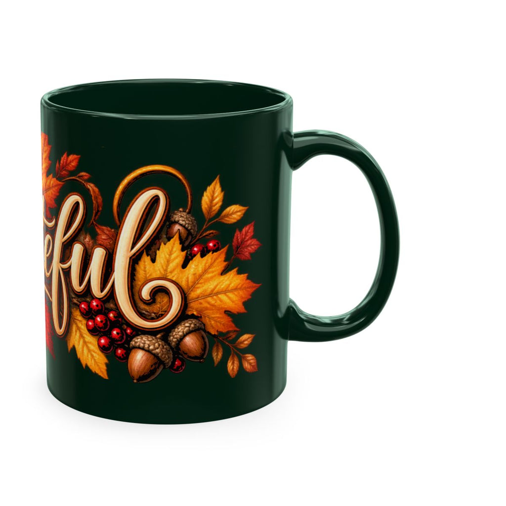 Grateful Fall Leaves Script Mug | Autumn Acorns & Berries Ceramic