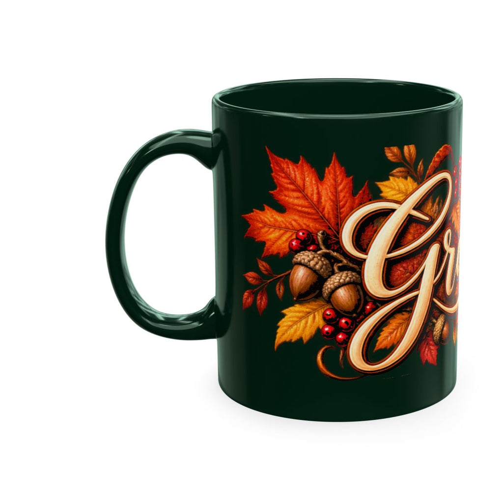 Grateful Fall Leaves Script Mug | Autumn Acorns & Berries Ceramic