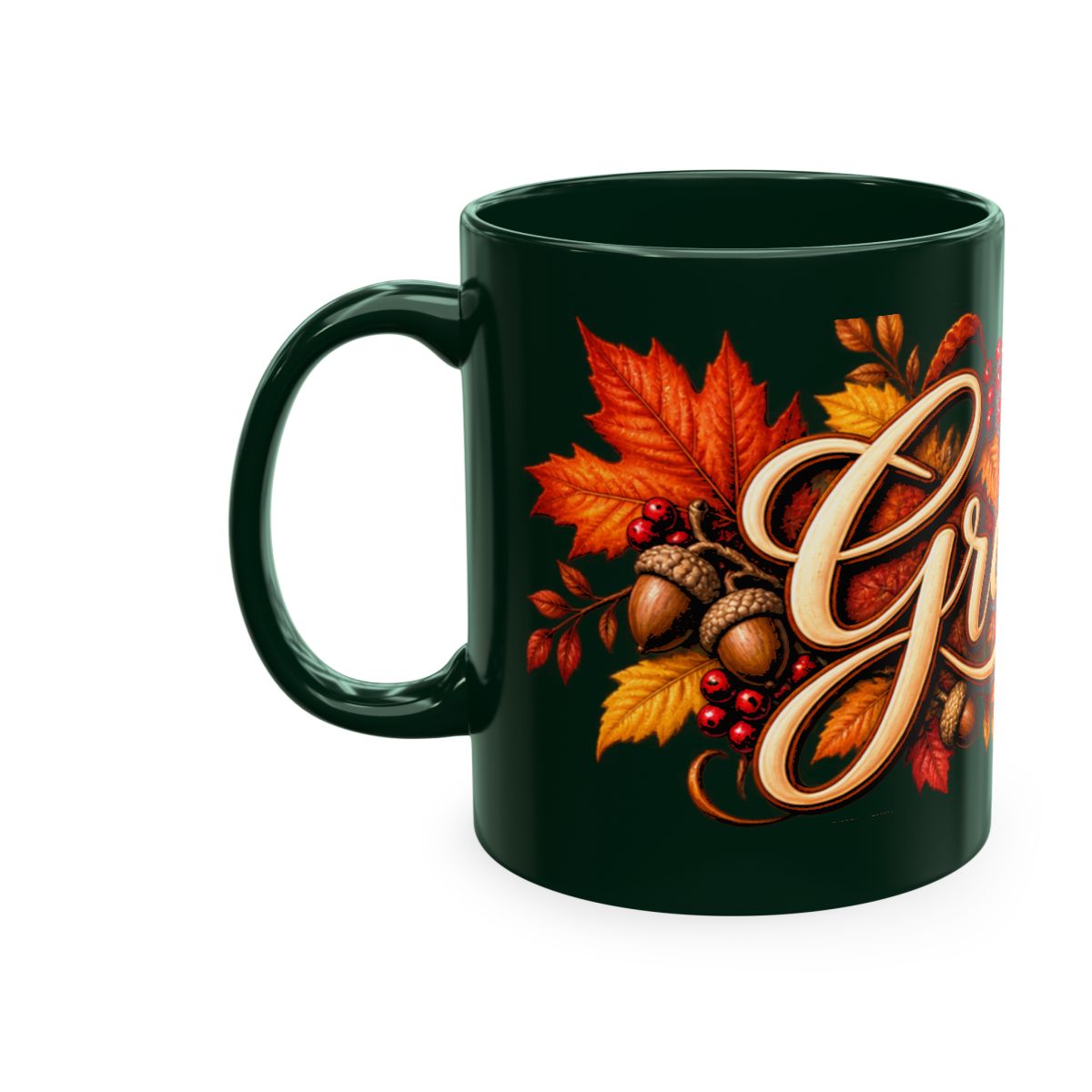Grateful Fall Leaves Script Mug | Autumn Acorns & Berries Ceramic