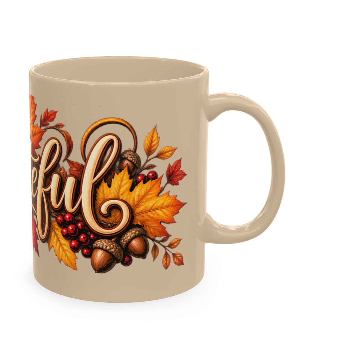 Grateful Fall Leaves Script Mug | Autumn Acorns & Berries Ceramic
