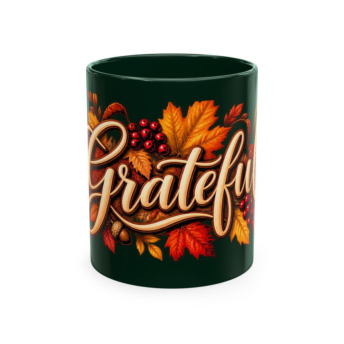 Grateful Fall Leaves Script Mug | Autumn Acorns & Berries Ceramic