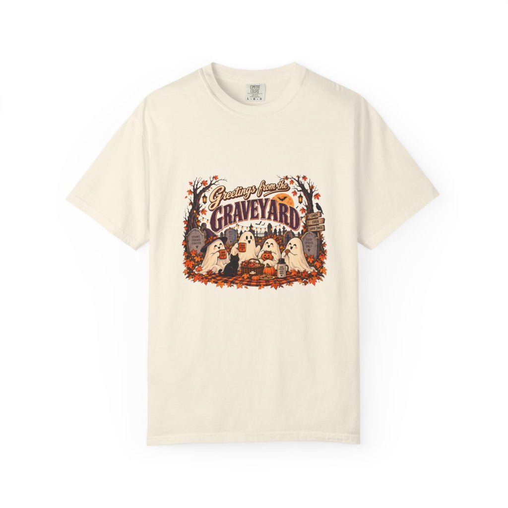 Greetings from the Graveyard T-shirt | Halloween ghost graveyard design