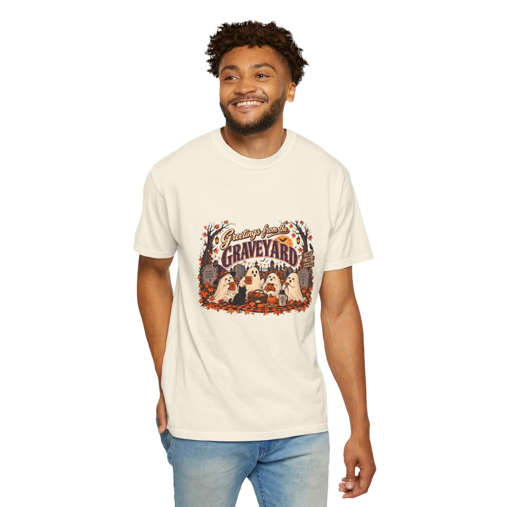 Greetings from the Graveyard T-shirt | Halloween ghost graveyard design