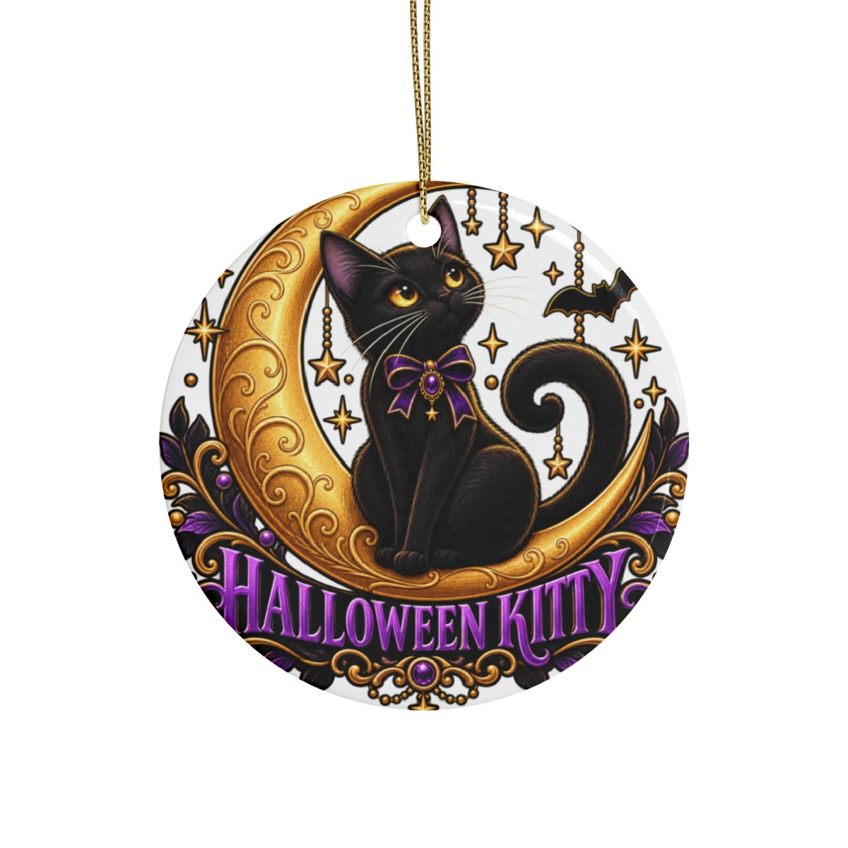 Halloween Kitty Black Cat Ornament | Ceramic Round Holiday Decoration