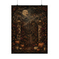Haunted Garden Gate Matte Poster | Halloween Pumpkin Moonlit Path