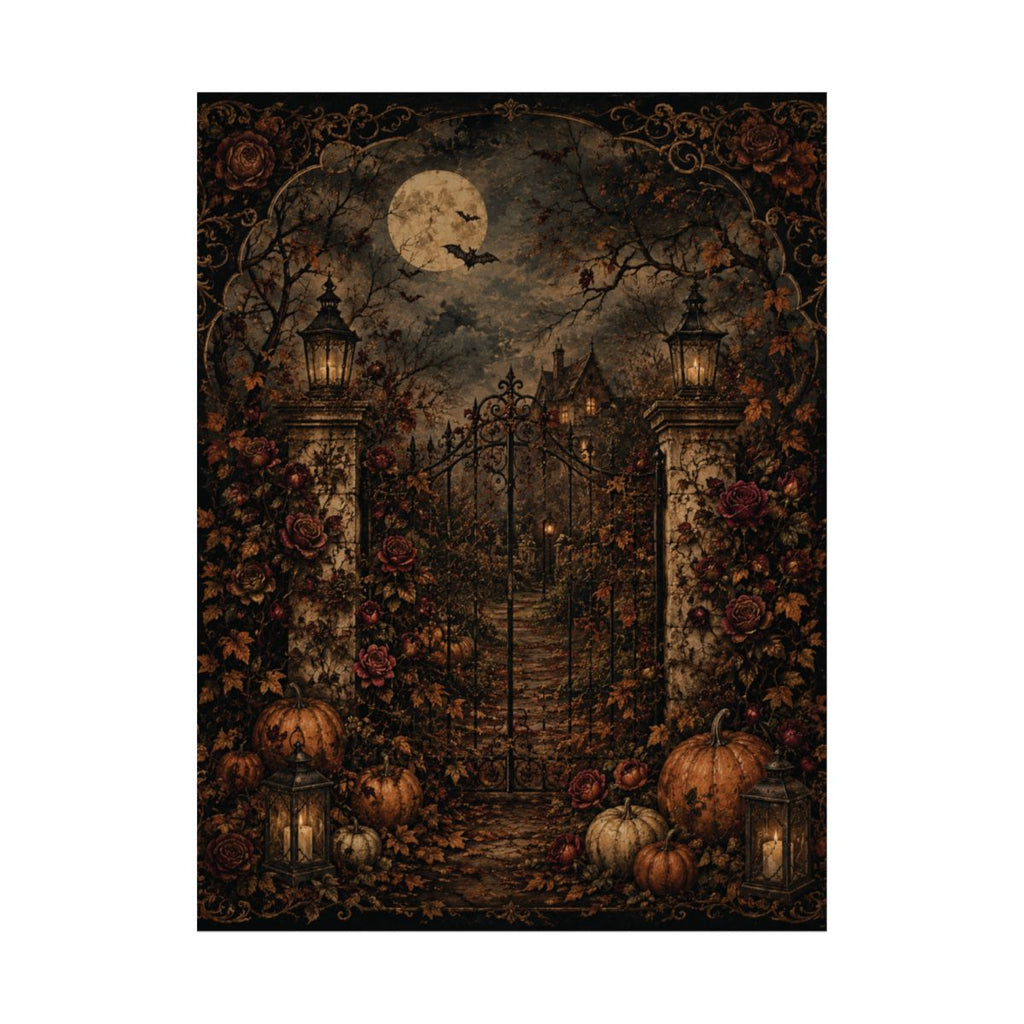 Haunted Garden Gate Matte Poster | Halloween Pumpkin Moonlit Path