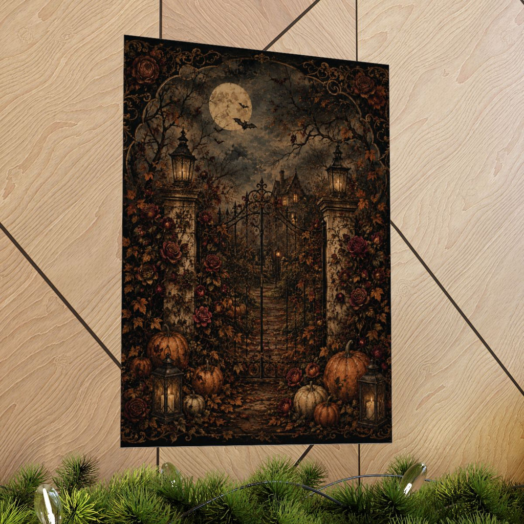 Haunted Garden Gate Matte Poster | Halloween Pumpkin Moonlit Path