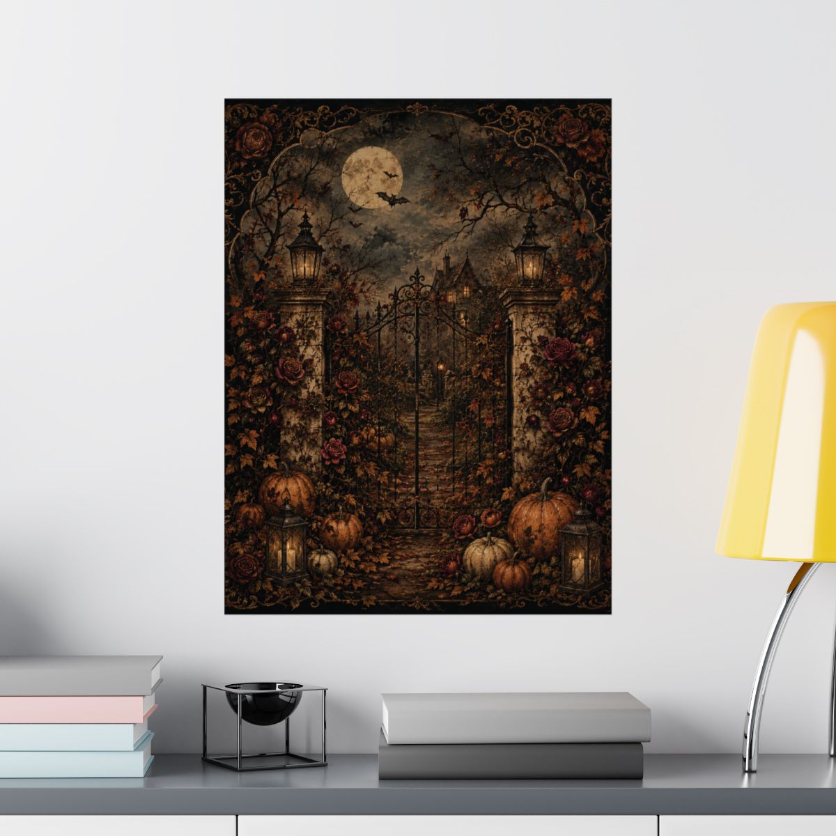 Haunted Garden Gate Matte Poster | Halloween Pumpkin Moonlit Path