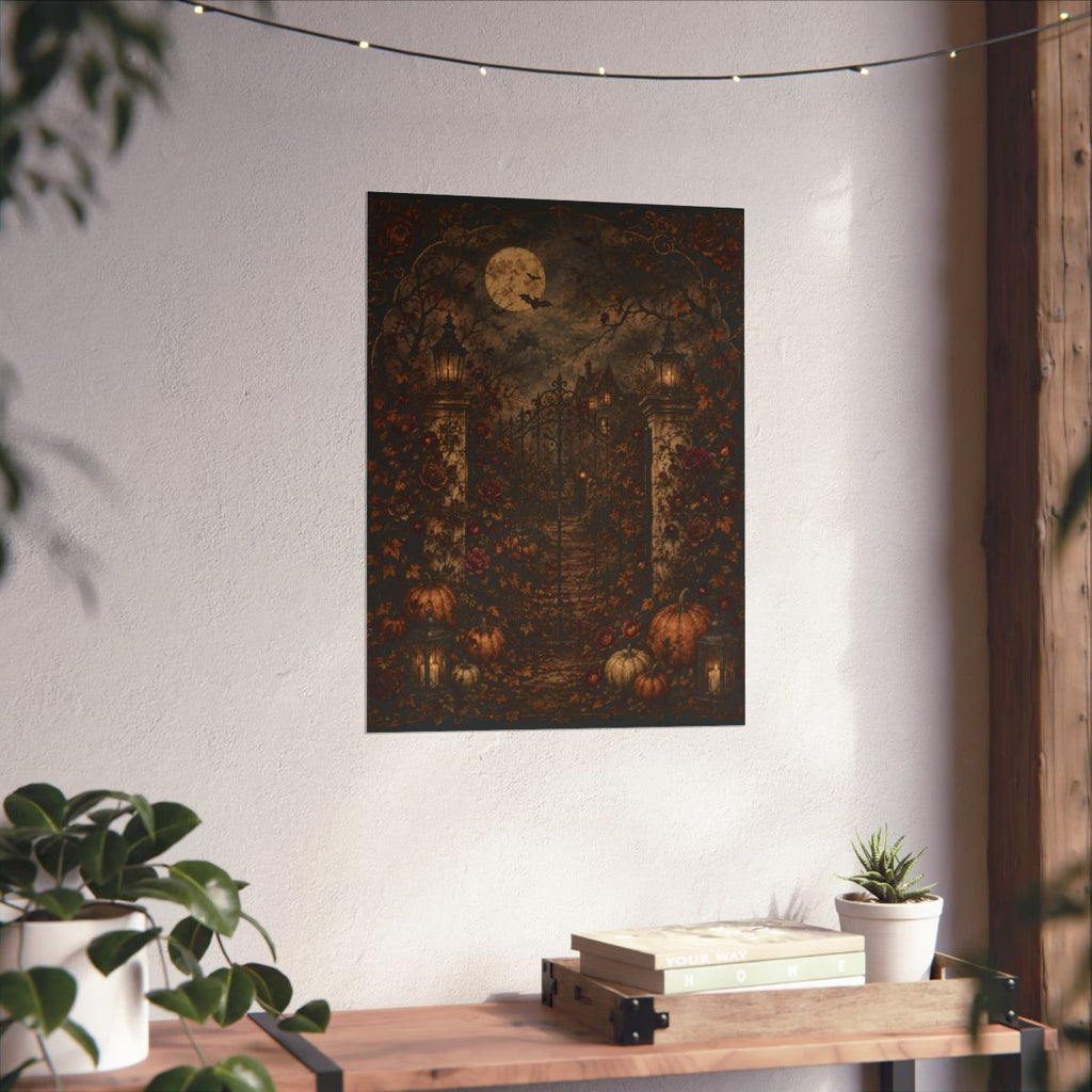 Haunted Garden Gate Matte Poster | Halloween Pumpkin Moonlit Path