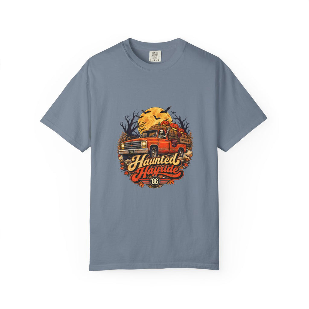 Haunted Hayride T-Shirt | Vintage Halloween Truck, Full Moon, Spooky Trees