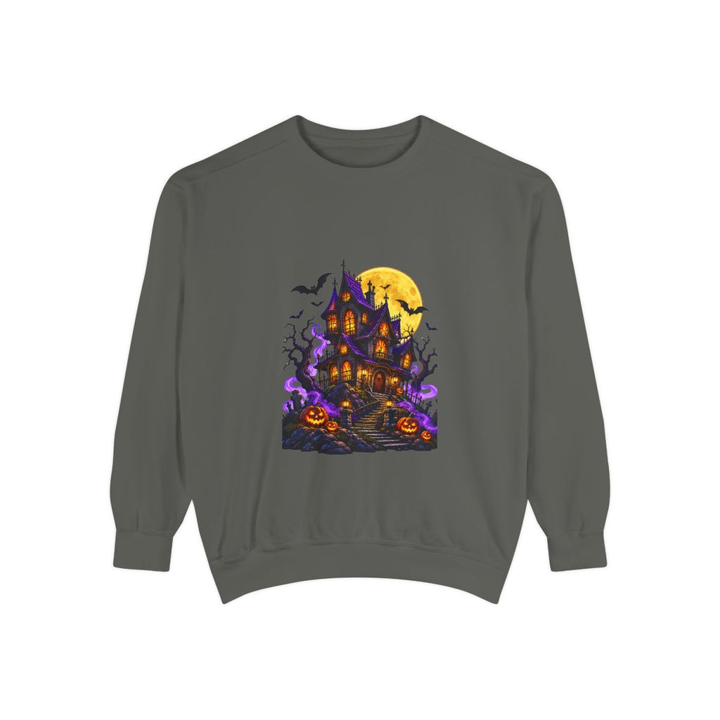 Haunted House Halloween Sweatshirt | Spooky Pumpkin Bats Moon