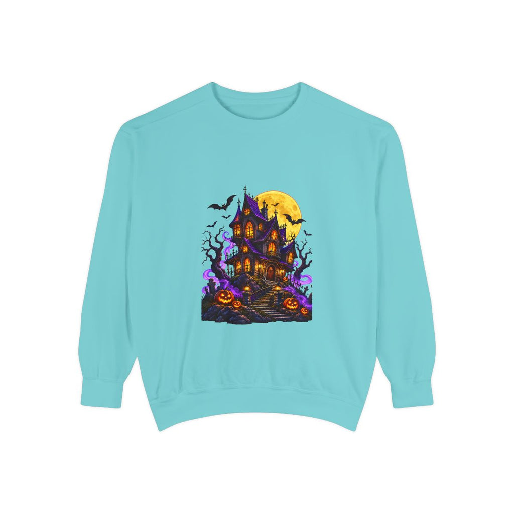Haunted House Halloween Sweatshirt | Spooky Pumpkin Bats Moon