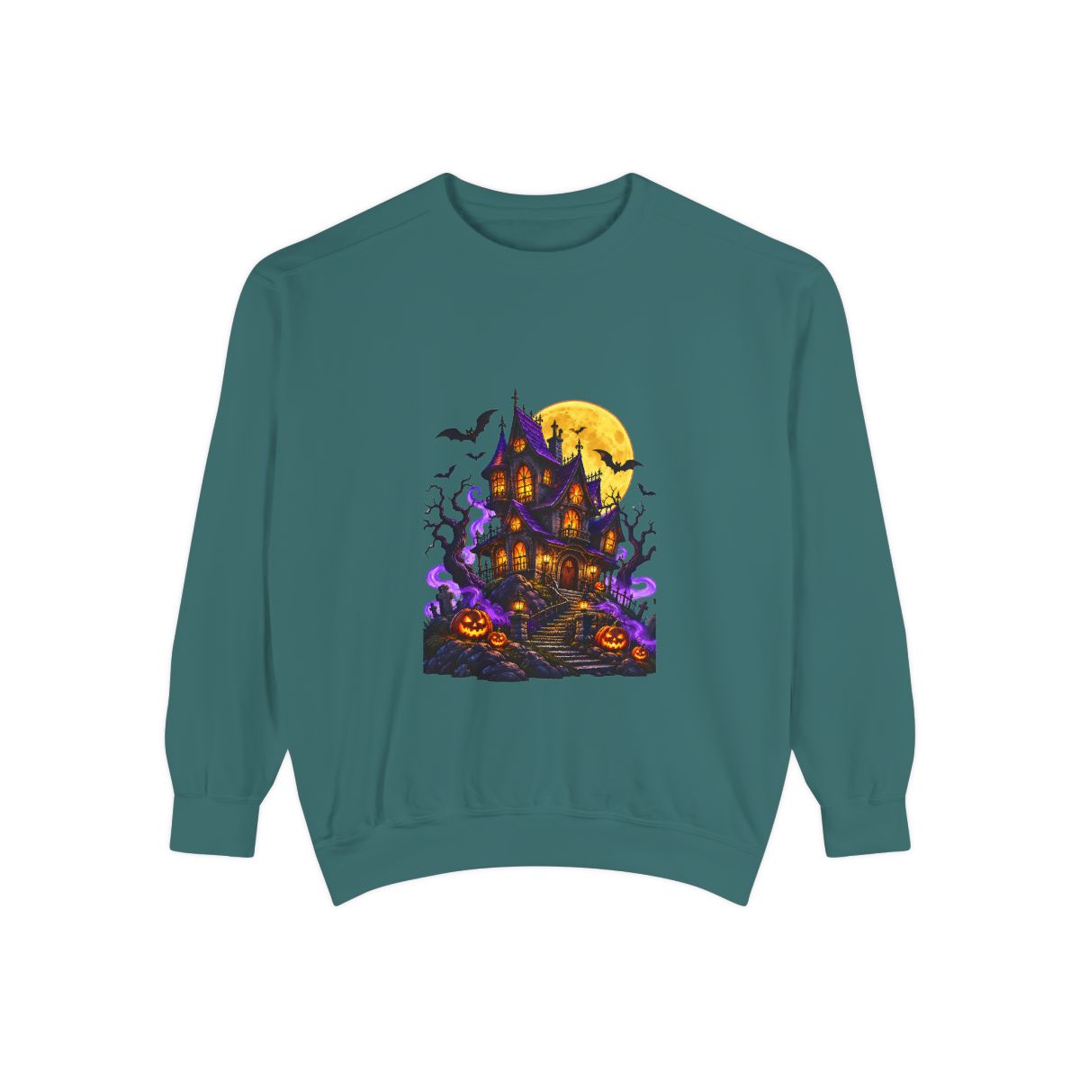 Haunted House Halloween Sweatshirt | Spooky Pumpkin Bats Moon