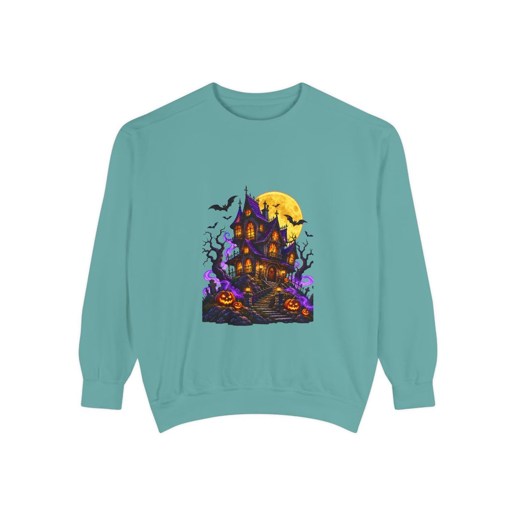 Haunted House Halloween Sweatshirt | Spooky Pumpkin Bats Moon