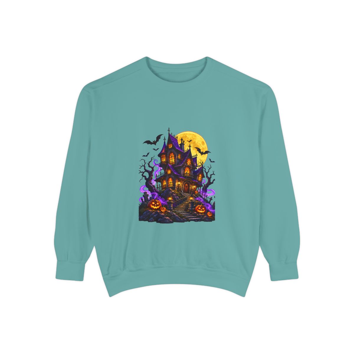 Haunted House Halloween Sweatshirt | Spooky Pumpkin Bats Moon