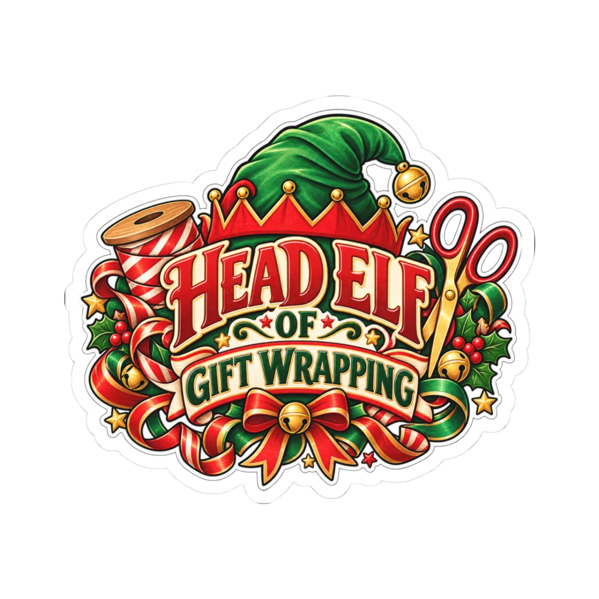 Head Elf of Gift Wrapping Sticker | Christmas Kiss-Cut Vinyl