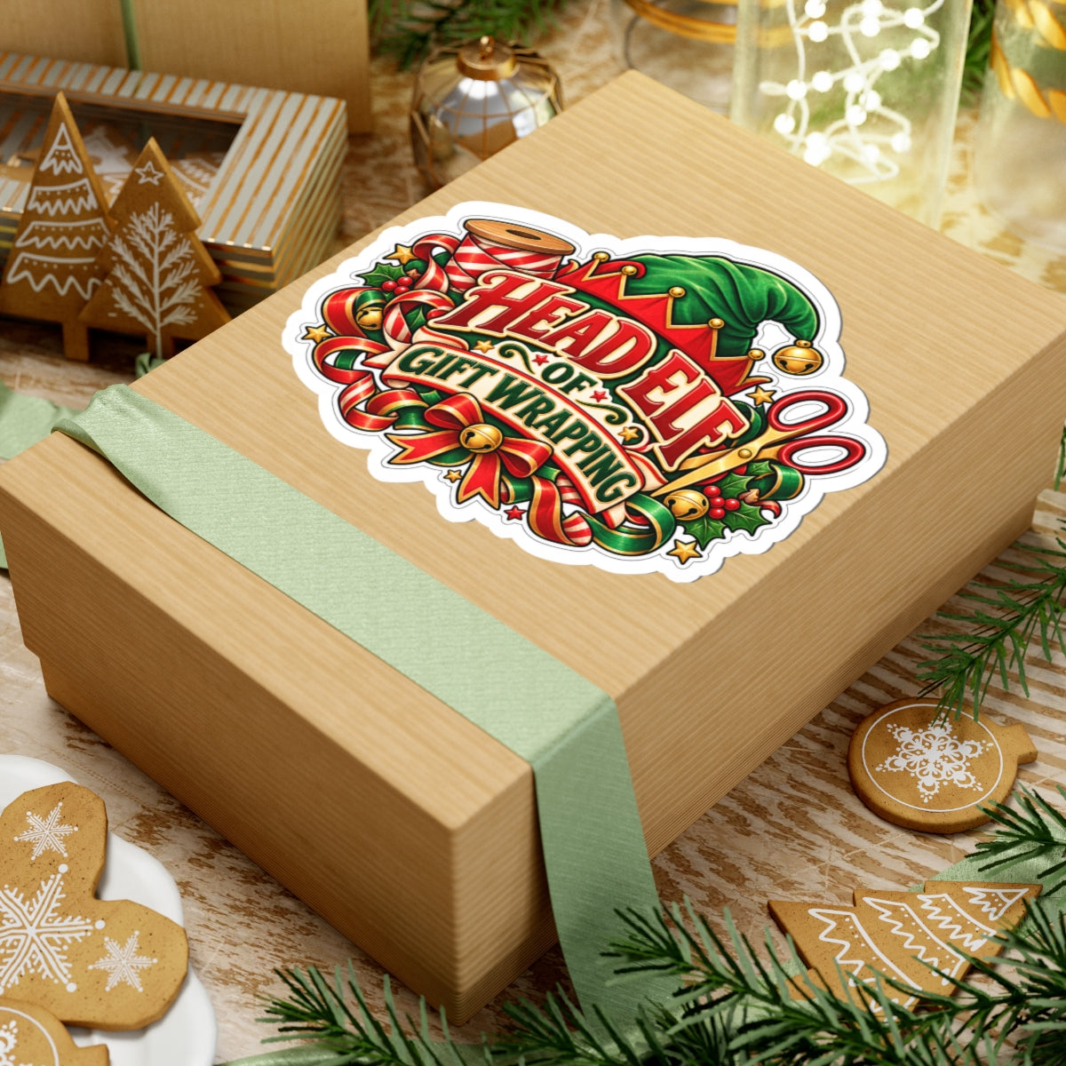 Head Elf of Gift Wrapping Sticker | Christmas Kiss-Cut Vinyl