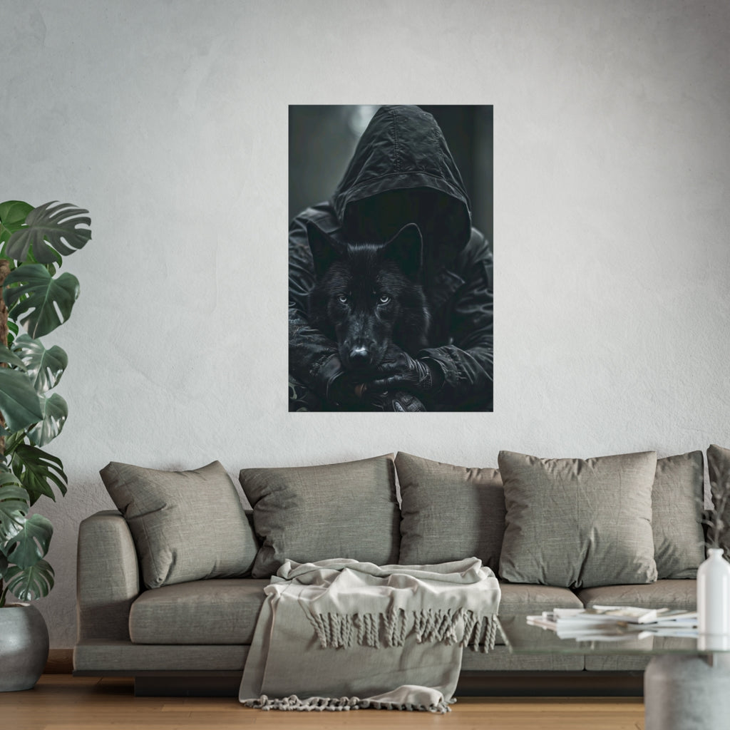 Hooded Figure with Black Wolf Poster | Moody Fine Art Wall Art