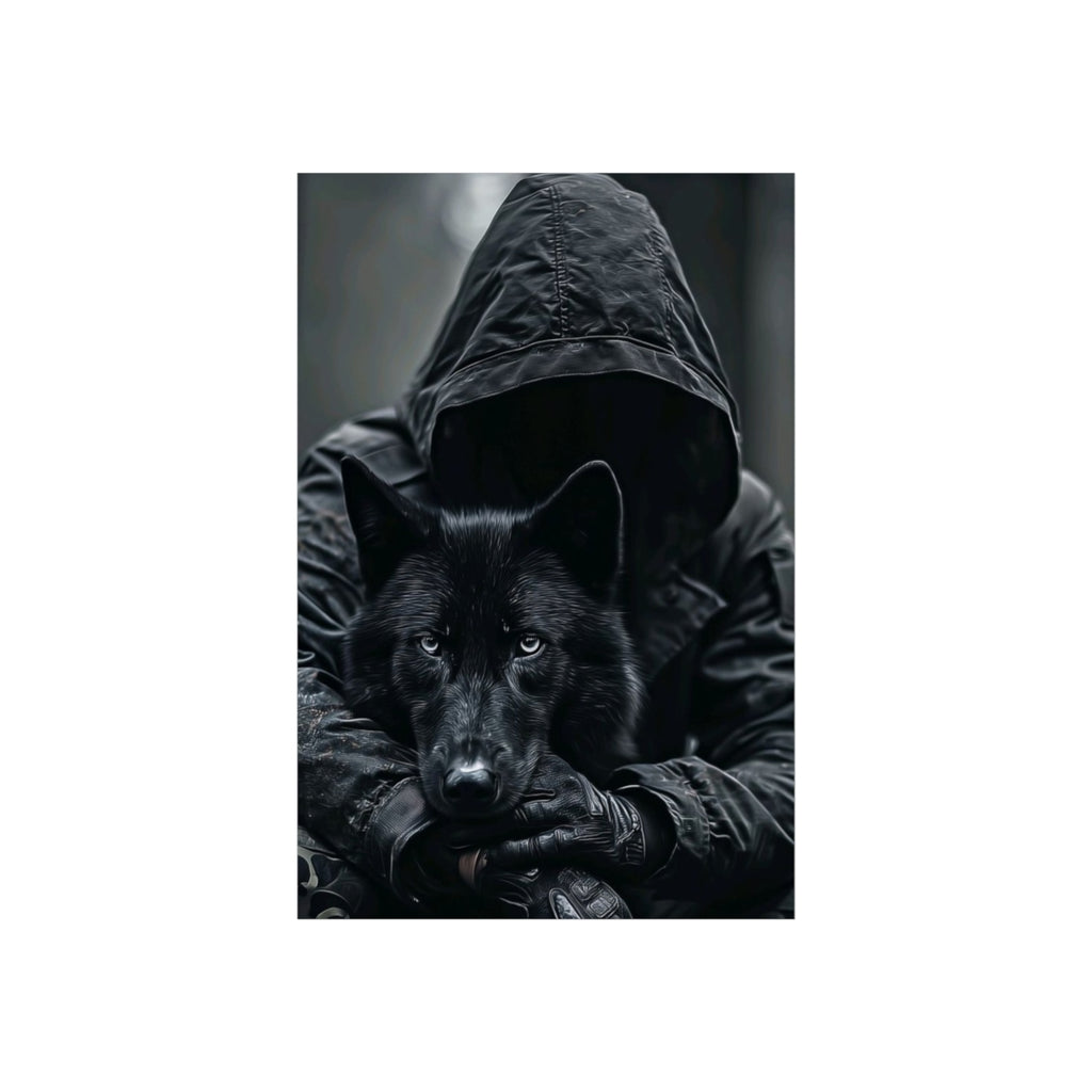 Hooded Figure with Black Wolf Poster | Moody Fine Art Wall Art