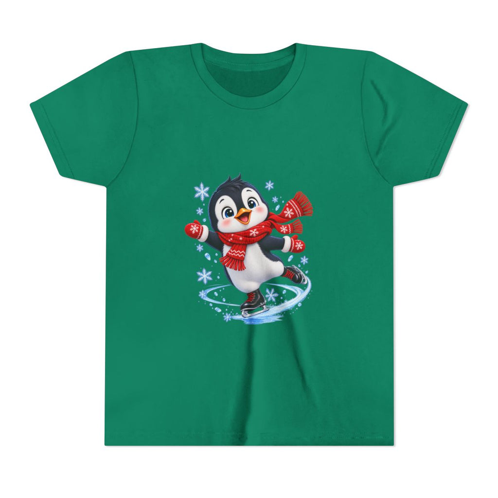 Ice Skating Penguin Youth Tee | Cute Winter Snowflakes Scarf