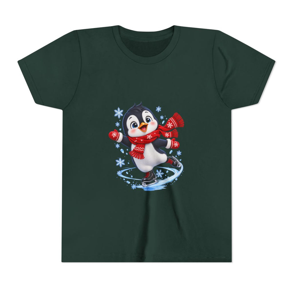 Ice Skating Penguin Youth Tee | Cute Winter Snowflakes Scarf