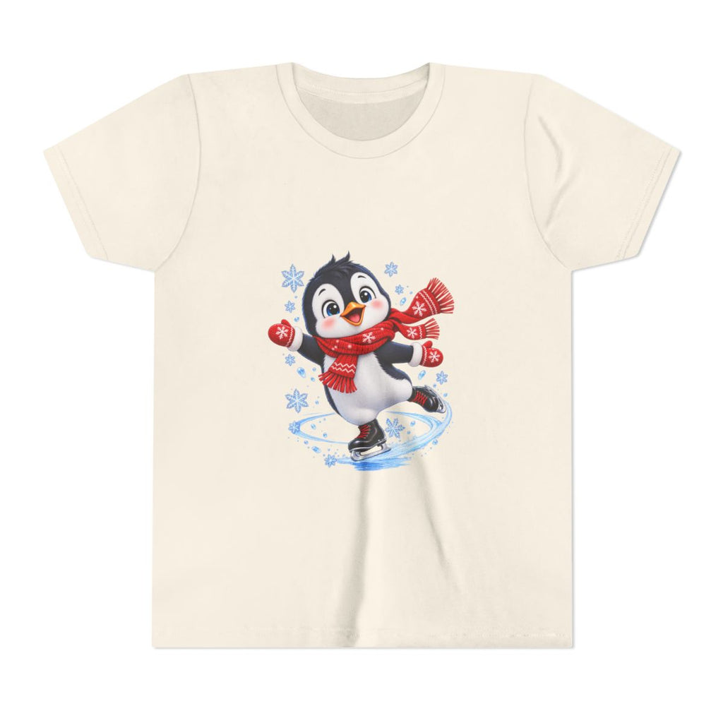 Ice Skating Penguin Youth Tee | Cute Winter Snowflakes Scarf