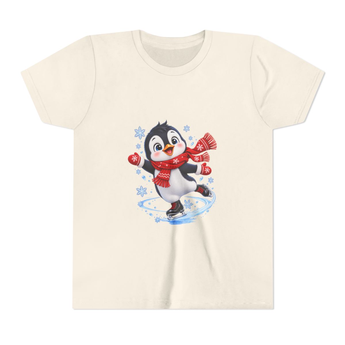 Ice Skating Penguin Youth Tee | Cute Winter Snowflakes Scarf