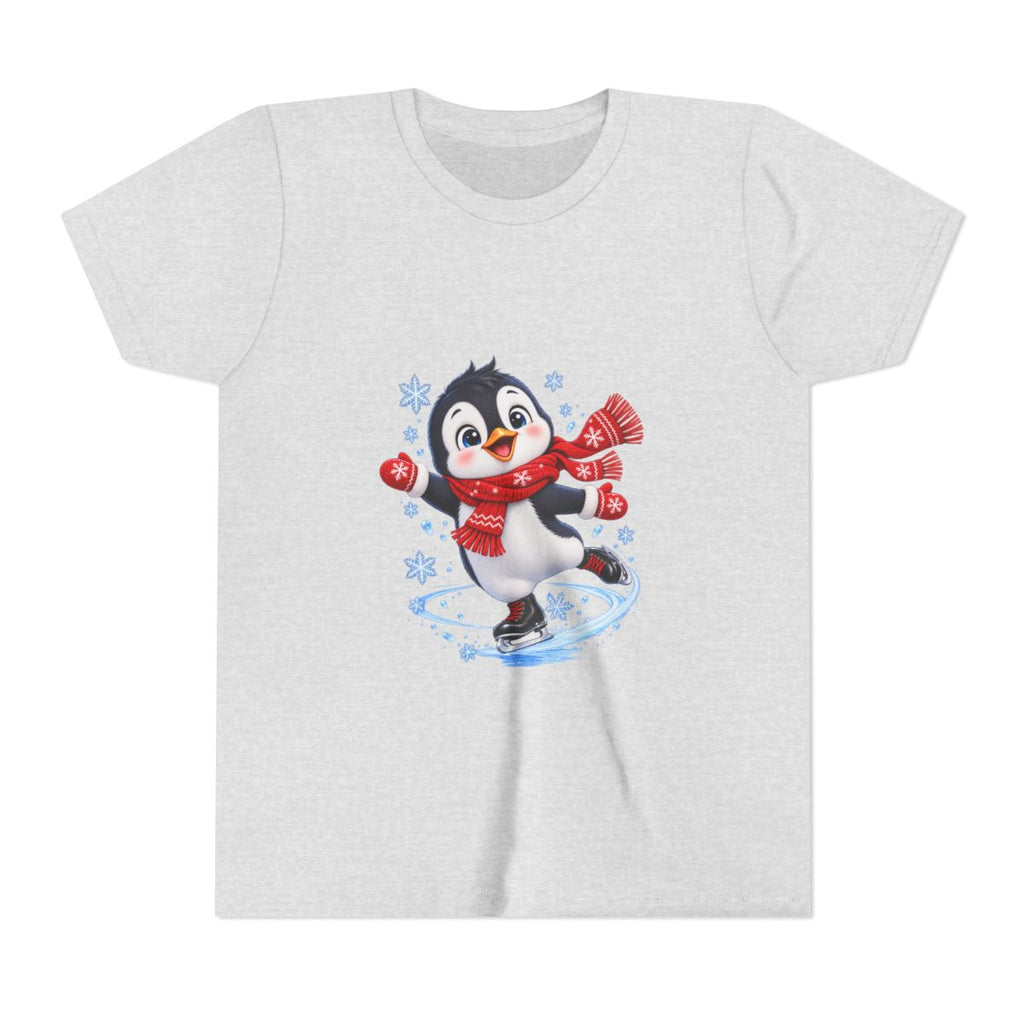 Ice Skating Penguin Youth Tee | Cute Winter Snowflakes Scarf