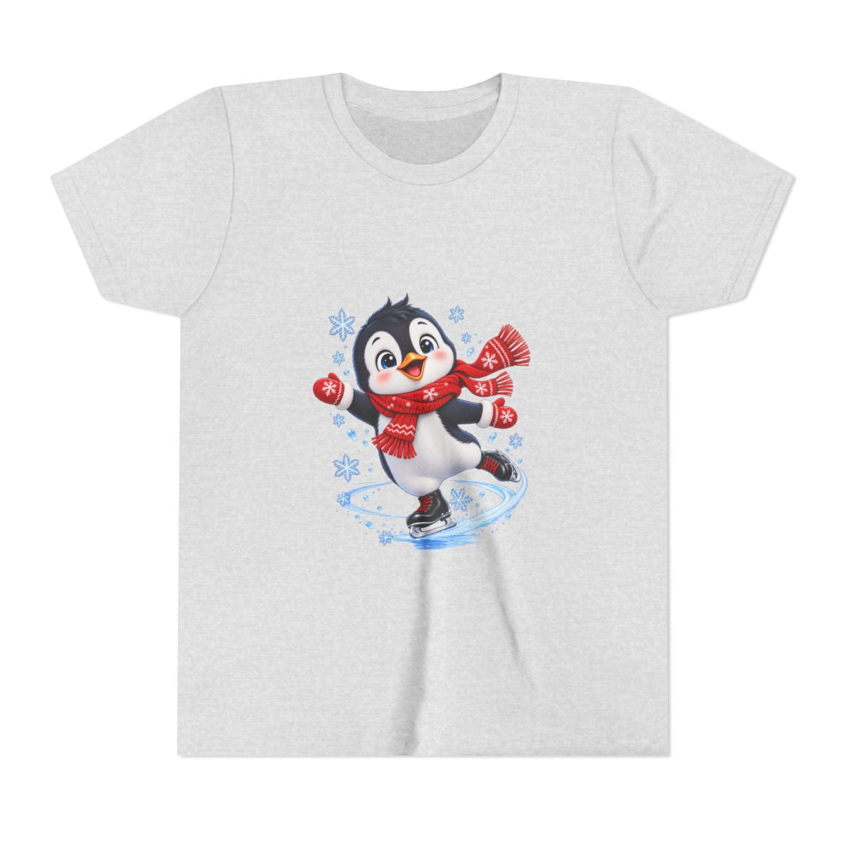 Ice Skating Penguin Youth Tee | Cute Winter Snowflakes Scarf