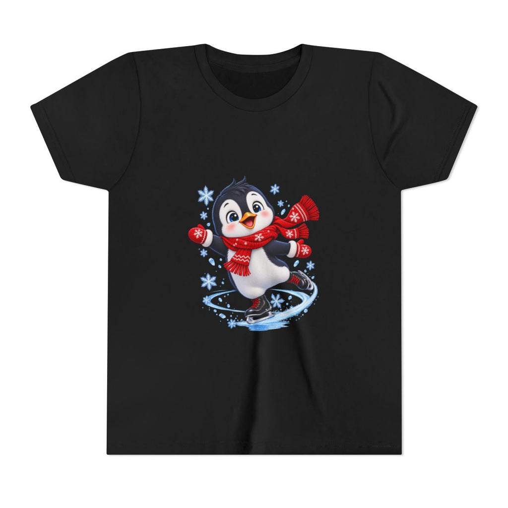 Ice Skating Penguin Youth Tee | Cute Winter Snowflakes Scarf
