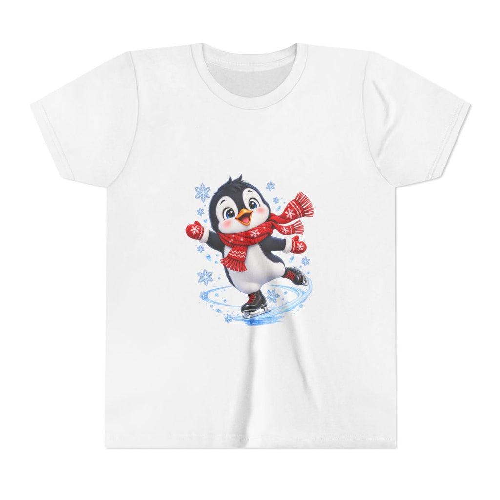 Ice Skating Penguin Youth Tee | Cute Winter Snowflakes Scarf