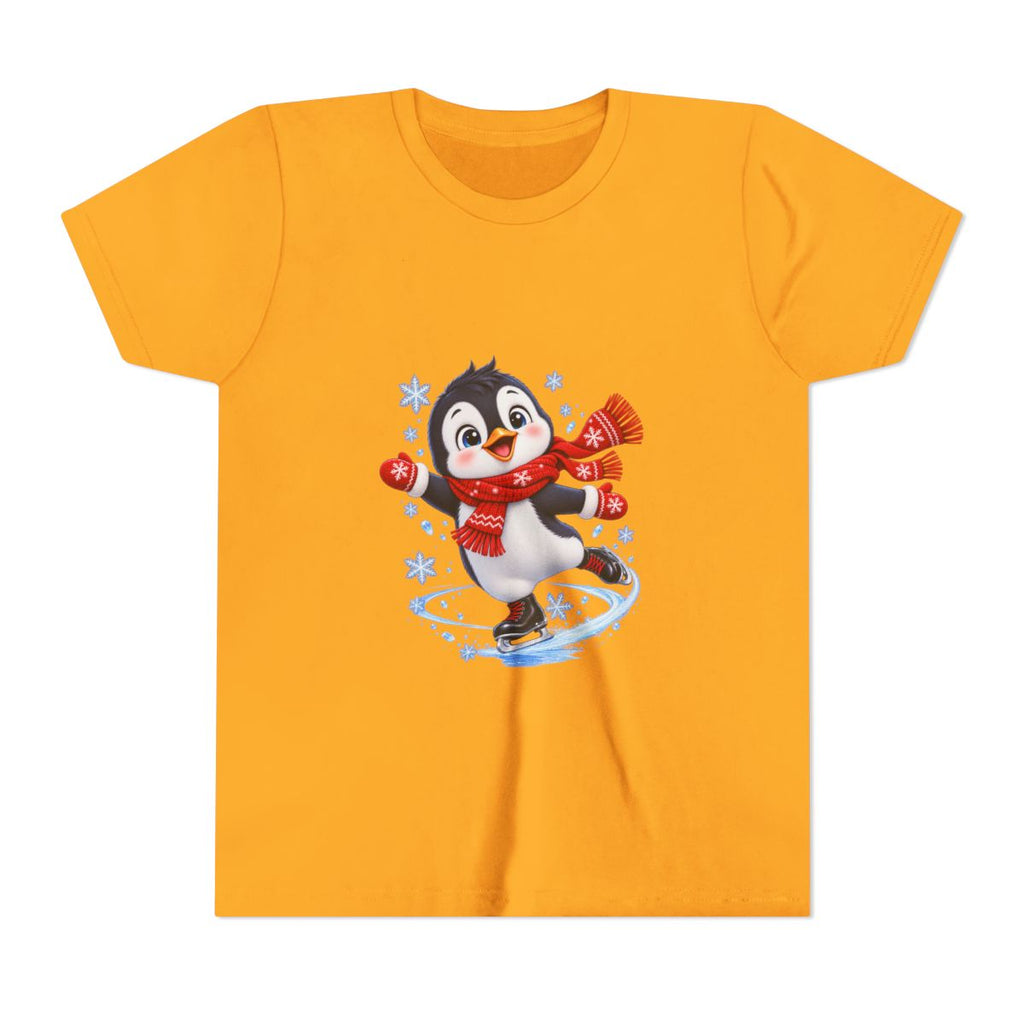 Ice Skating Penguin Youth Tee | Cute Winter Snowflakes Scarf