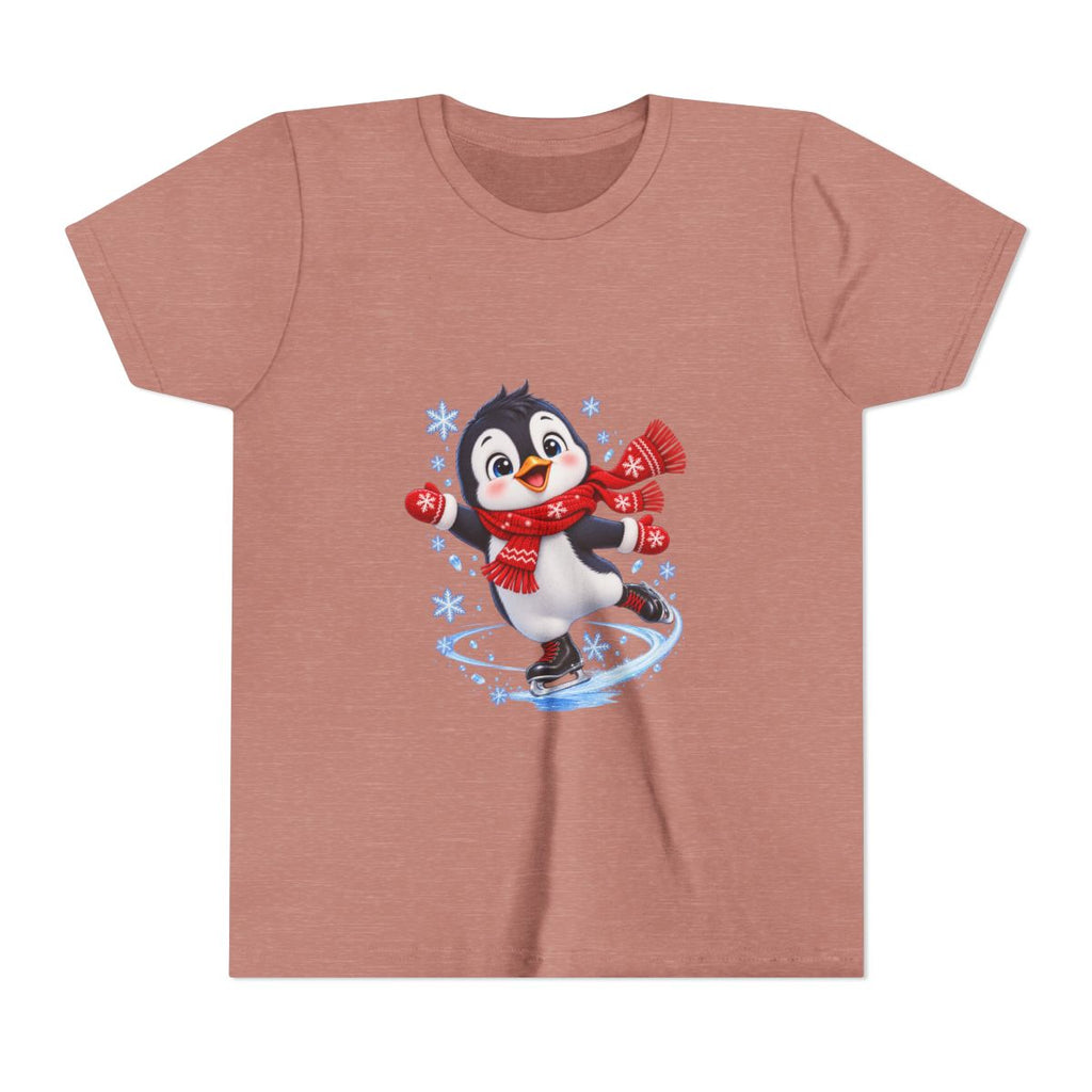Ice Skating Penguin Youth Tee | Cute Winter Snowflakes Scarf