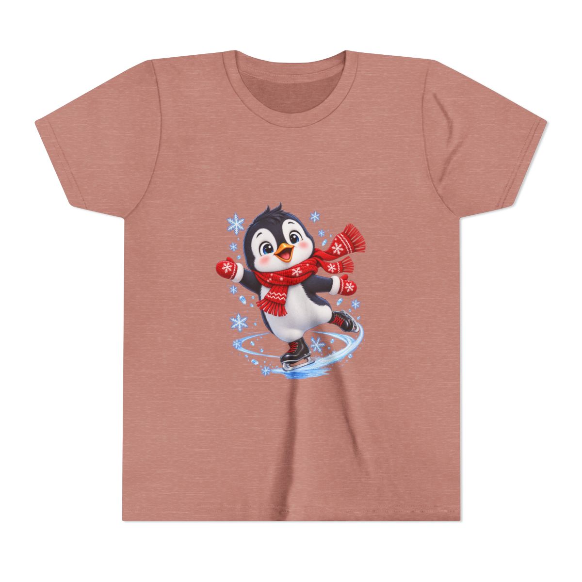 Ice Skating Penguin Youth Tee | Cute Winter Snowflakes Scarf