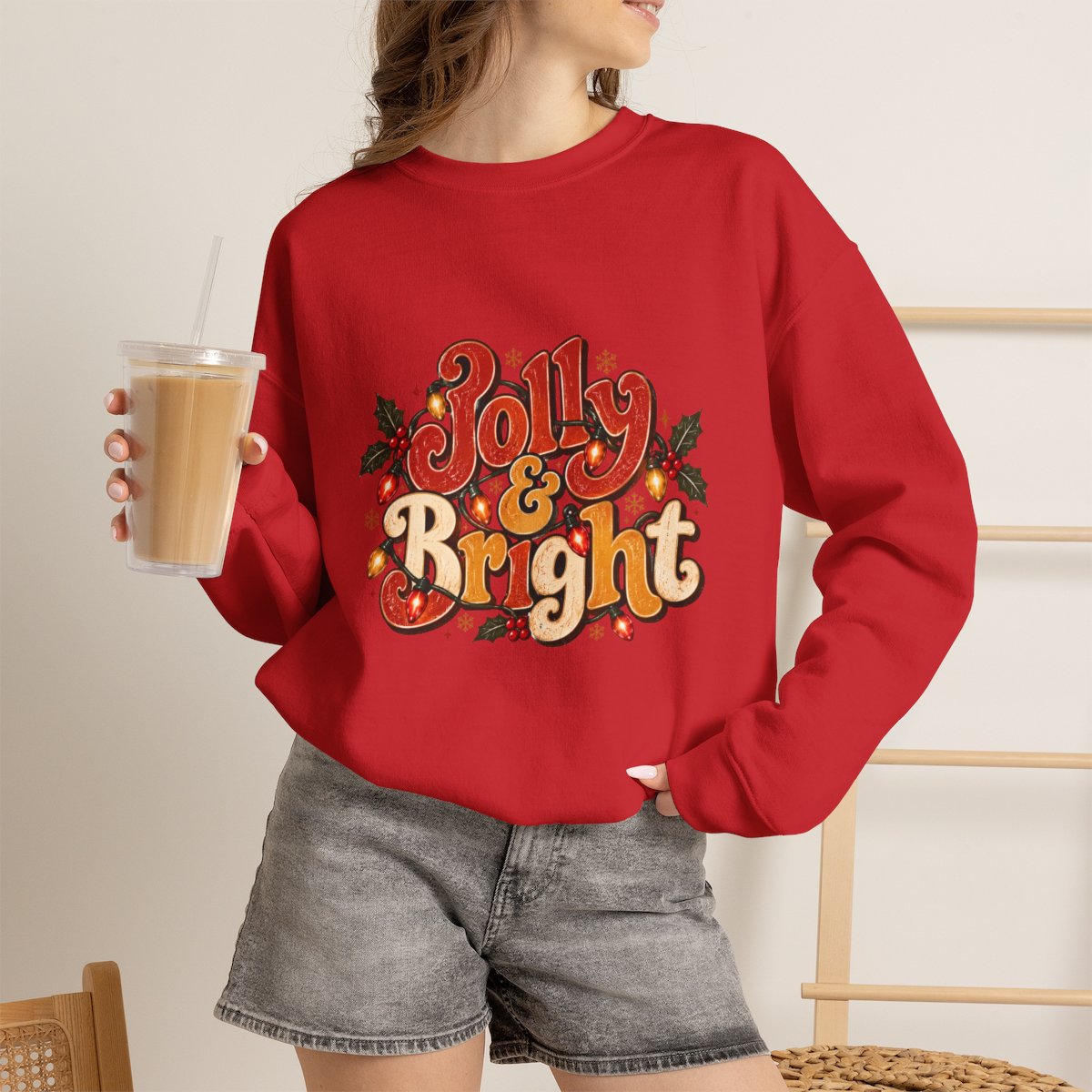 Jolly & Bright holiday lettering Sweatshirt | Christmas holly crewneck