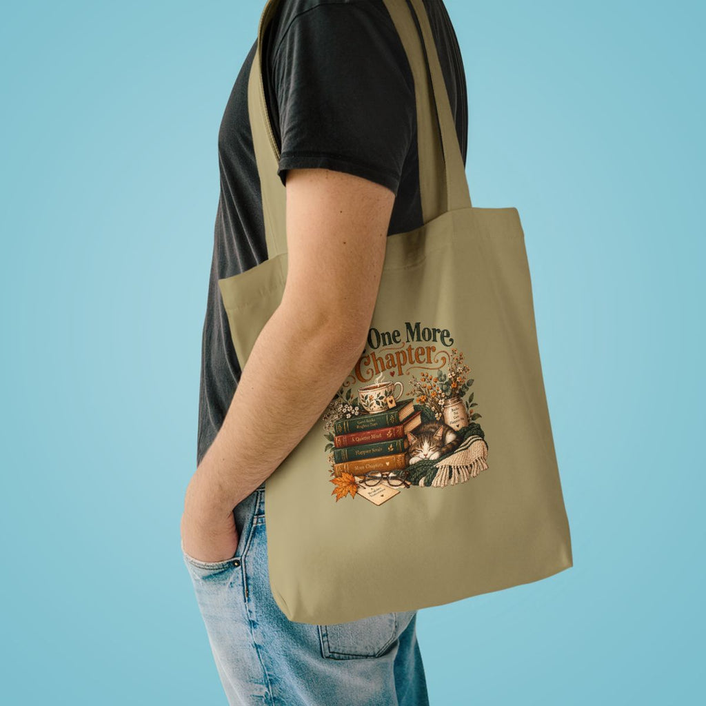 Just One More Chapter tote bag | Reading stack, cozy booklover illustration