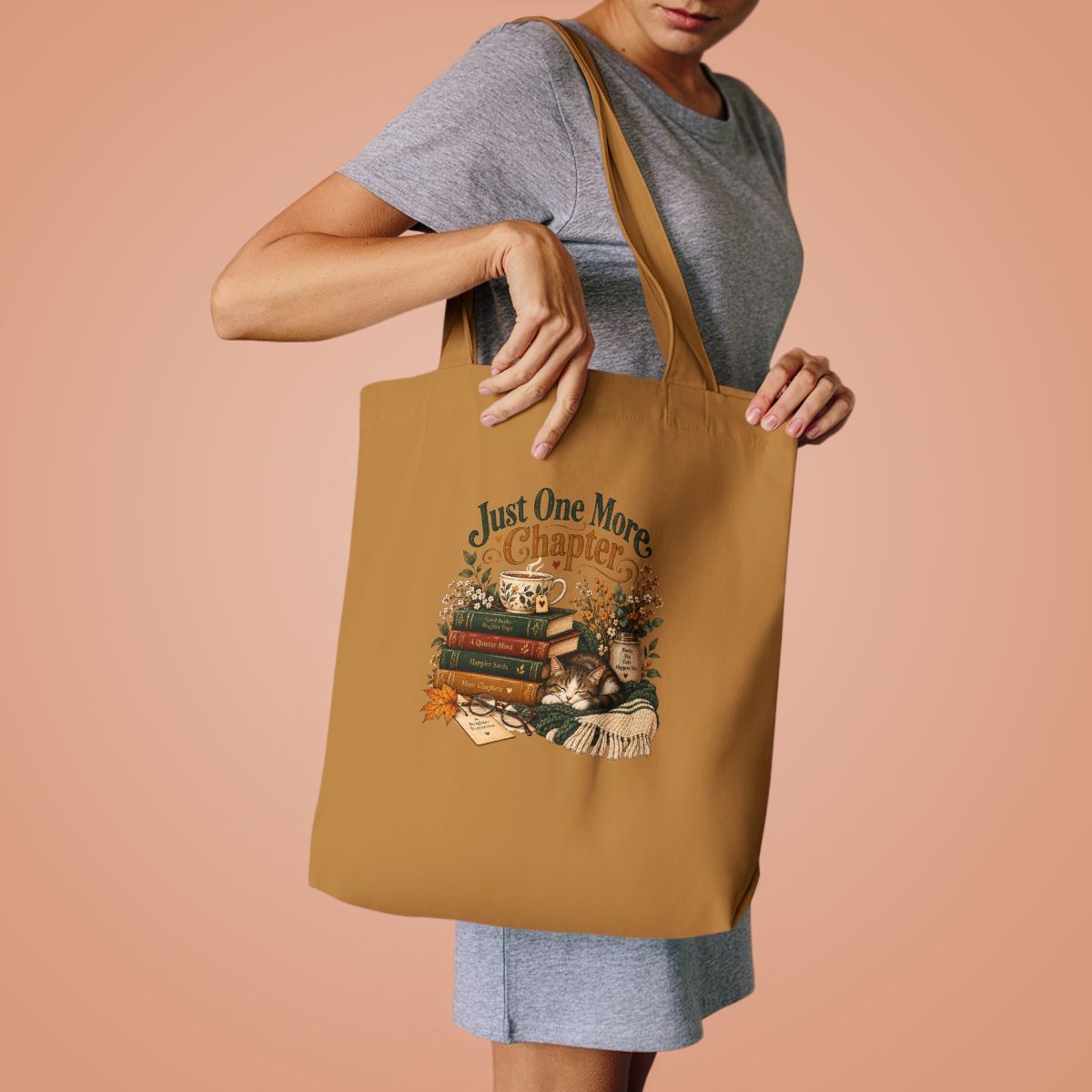 Just One More Chapter tote bag | Reading stack, cozy booklover illustration