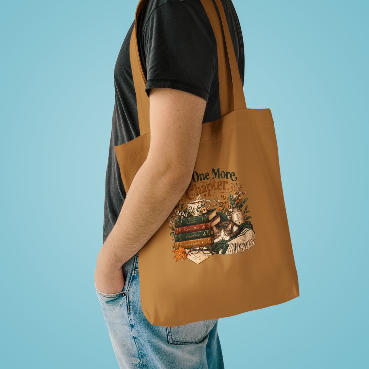 Just One More Chapter tote bag | Reading stack, cozy booklover illustration