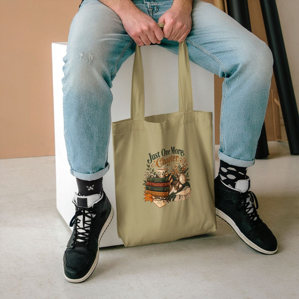 Just One More Chapter tote bag | Reading stack, cozy booklover illustration