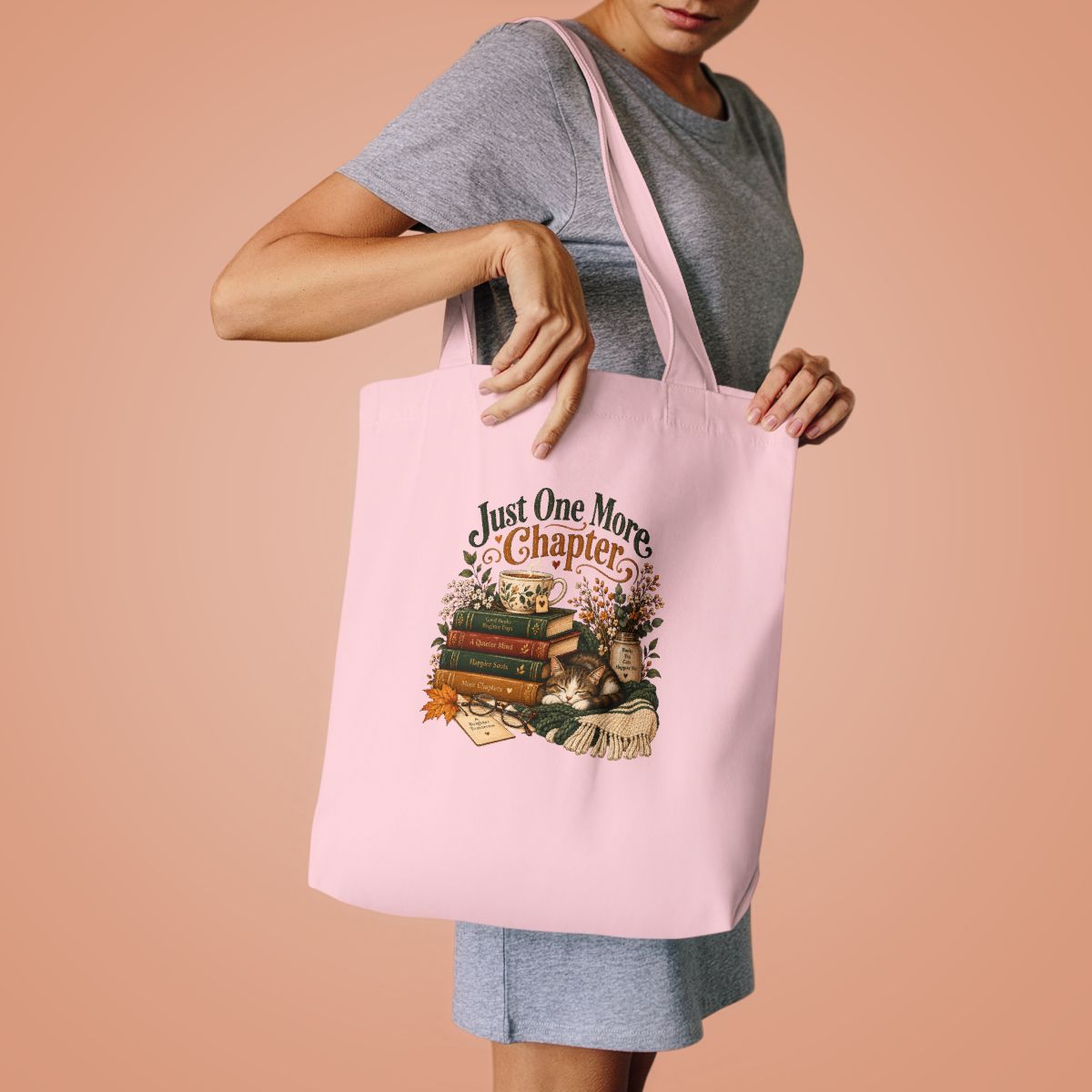 Just One More Chapter tote bag | Reading stack, cozy booklover illustration