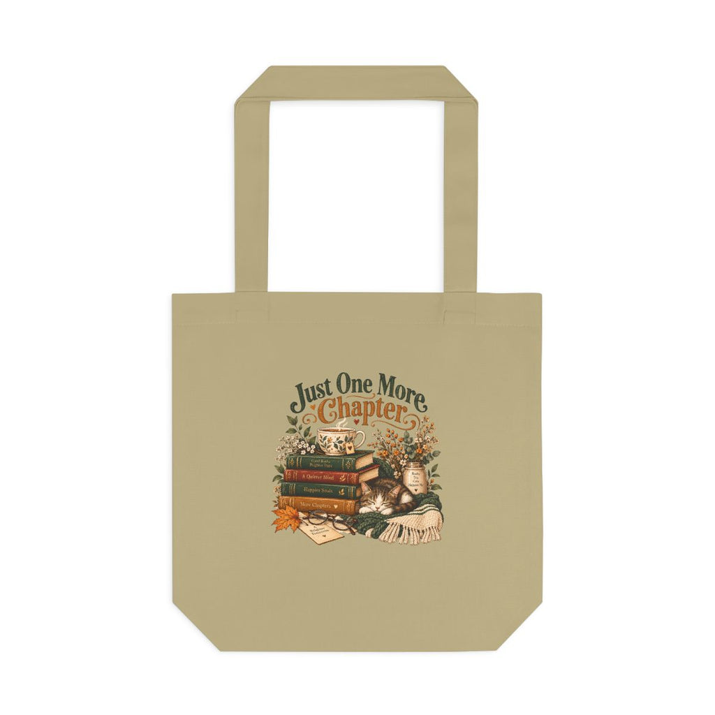 Just One More Chapter tote bag | Reading stack, cozy booklover illustration