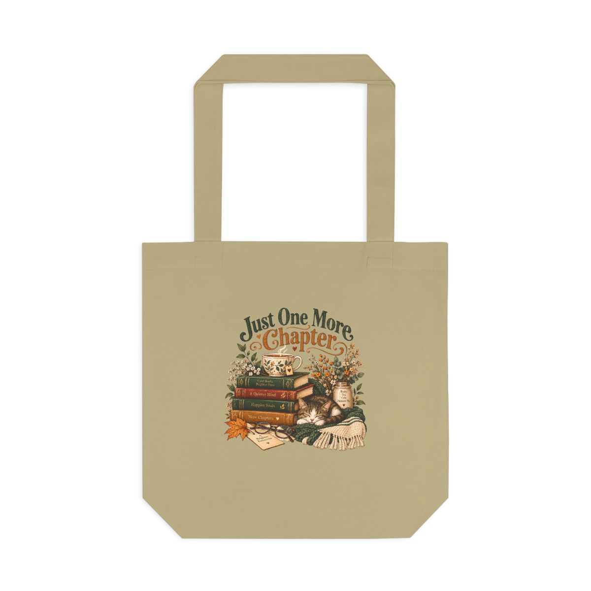Just One More Chapter tote bag | Reading stack, cozy booklover illustration