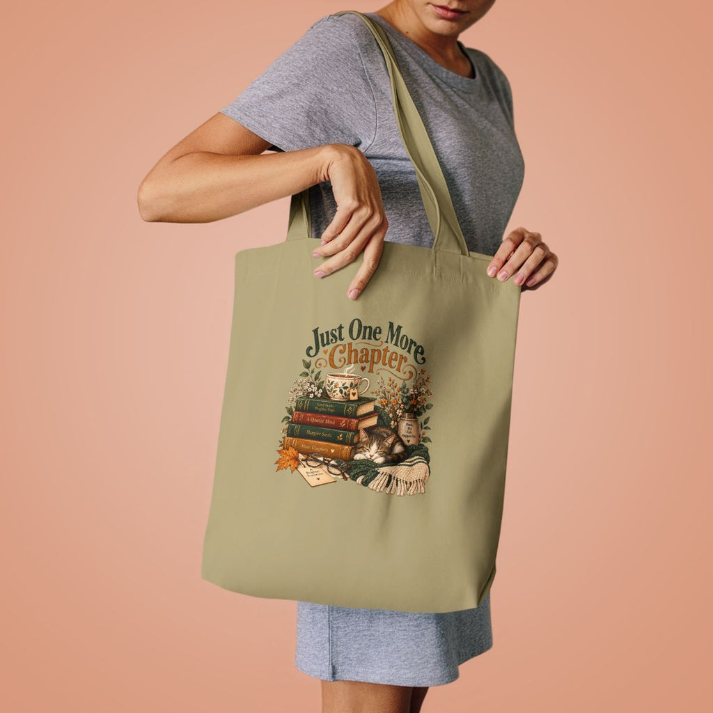 Just One More Chapter tote bag | Reading stack, cozy booklover illustration