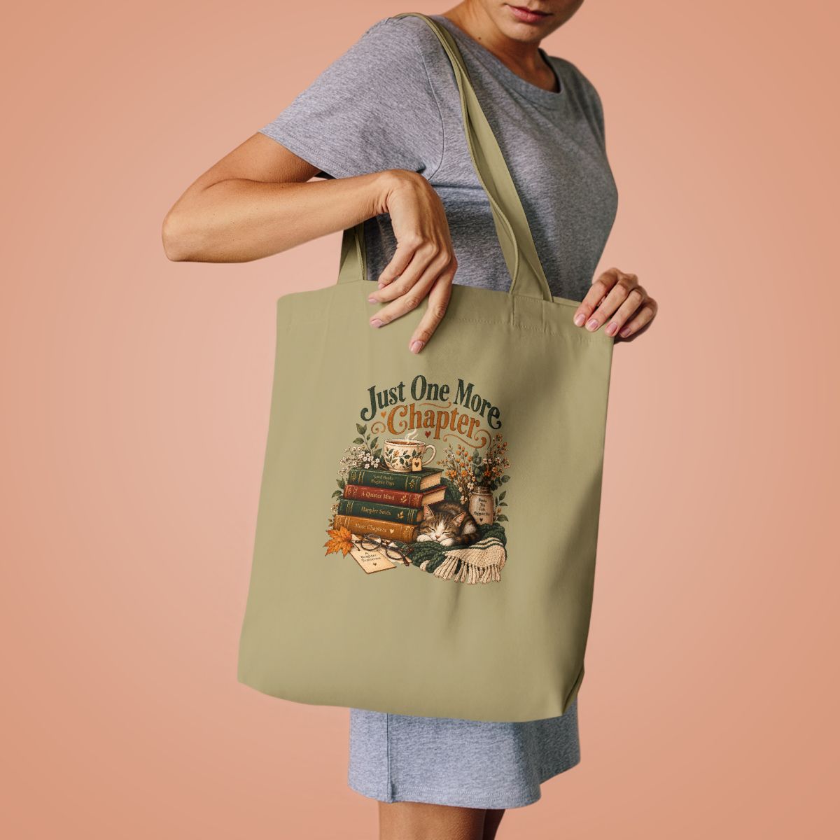 Just One More Chapter tote bag | Reading stack, cozy booklover illustration