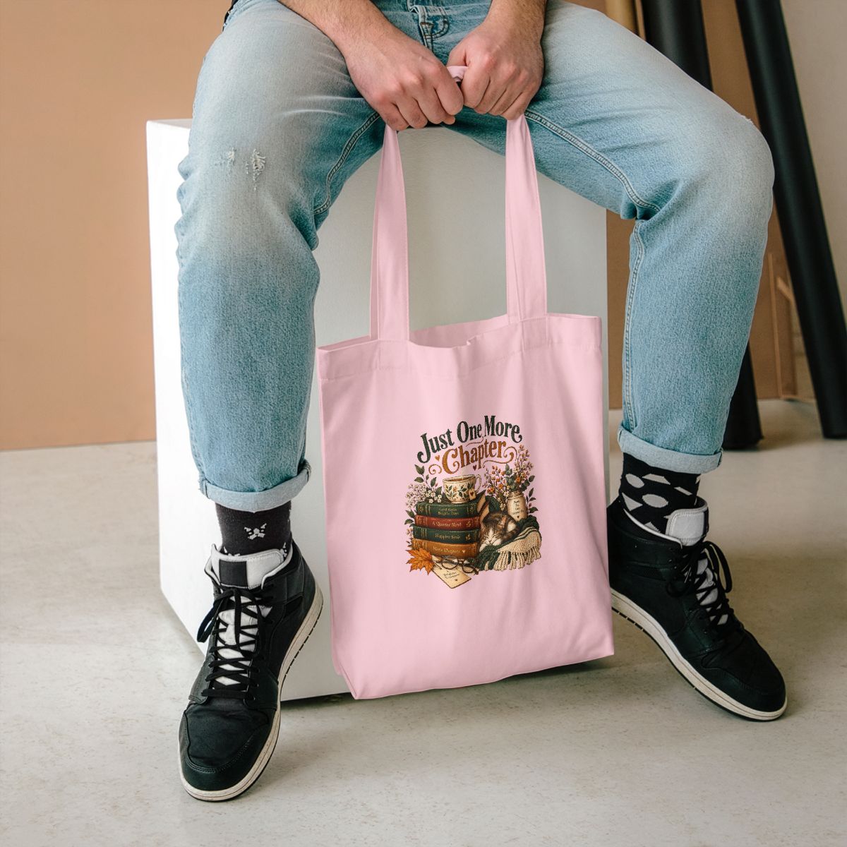 Just One More Chapter tote bag | Reading stack, cozy booklover illustration